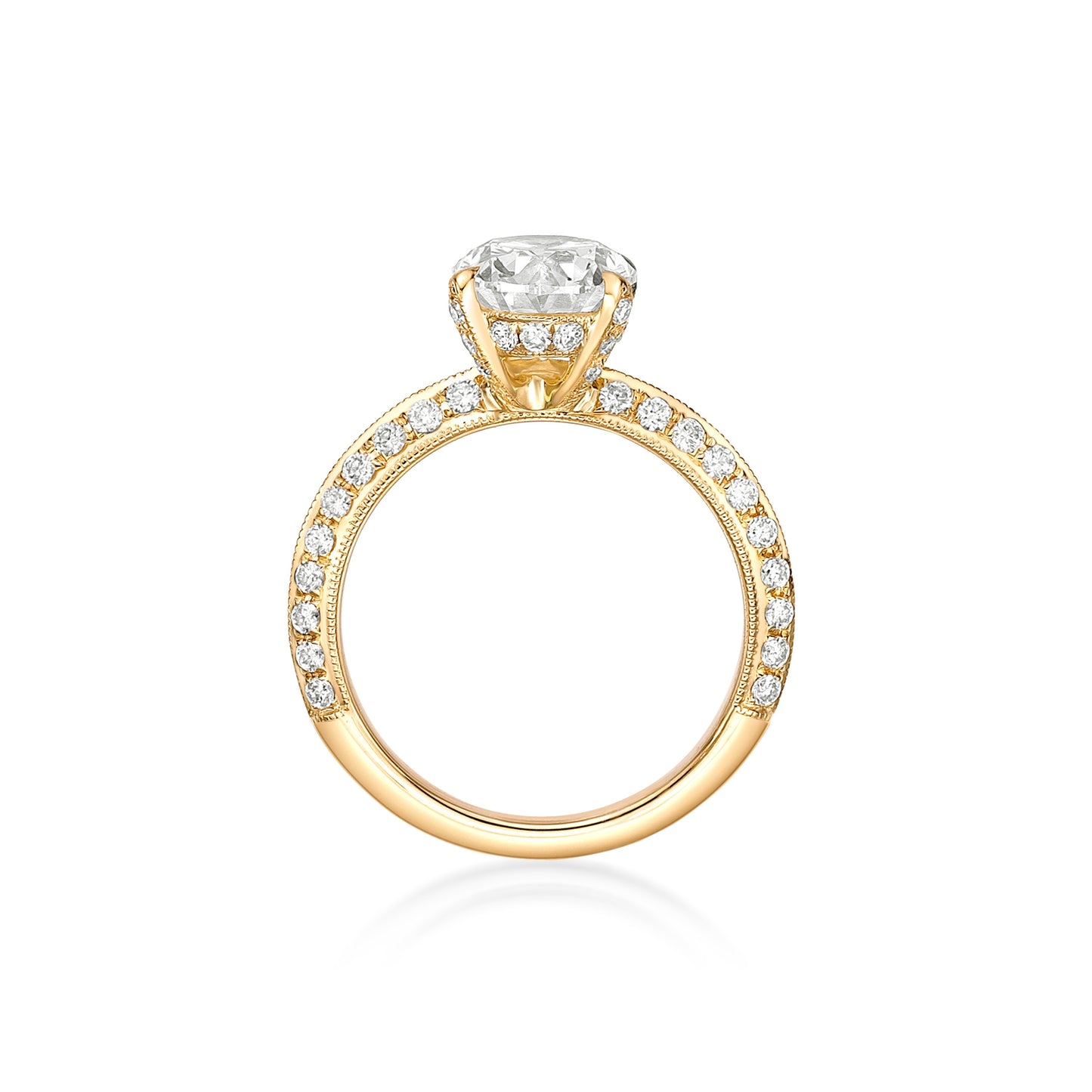 2.01ct Oval Brilliant diamond in a Vintage style 18K Yellow Gold engagement ring setting featuring a knife-edge diamond eternity band