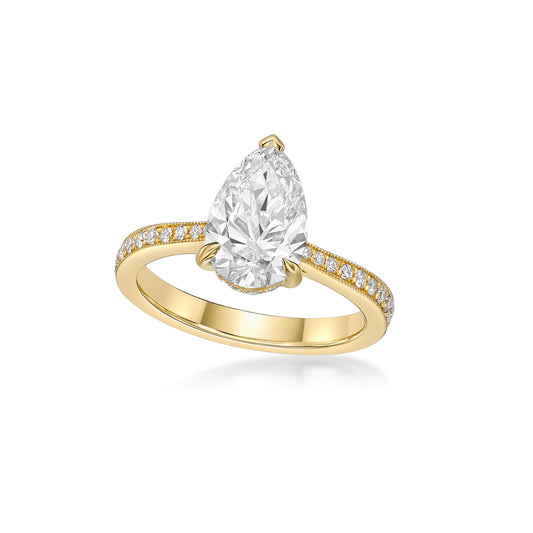 2.01ct Pear Brilliant diamond in a handmade 18K Yellow Gold Engagement ring setting with hidden halo and diamond eternity band, hand-milgrain detailing