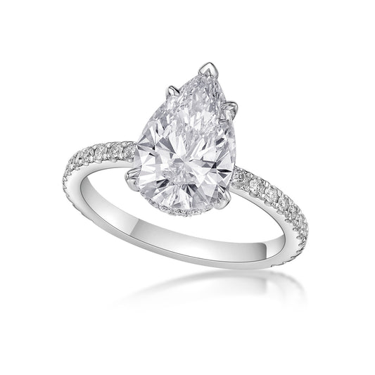2.40ct Pear-shaped brilliant diamond in a handmade 18K White Gold engagement ring with hidden diamond halo
