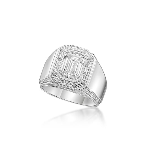 Men's Ring- 3.01ct Emerald cut diamond in a Platinum Baguette Diamond Halo setting with custom side profile