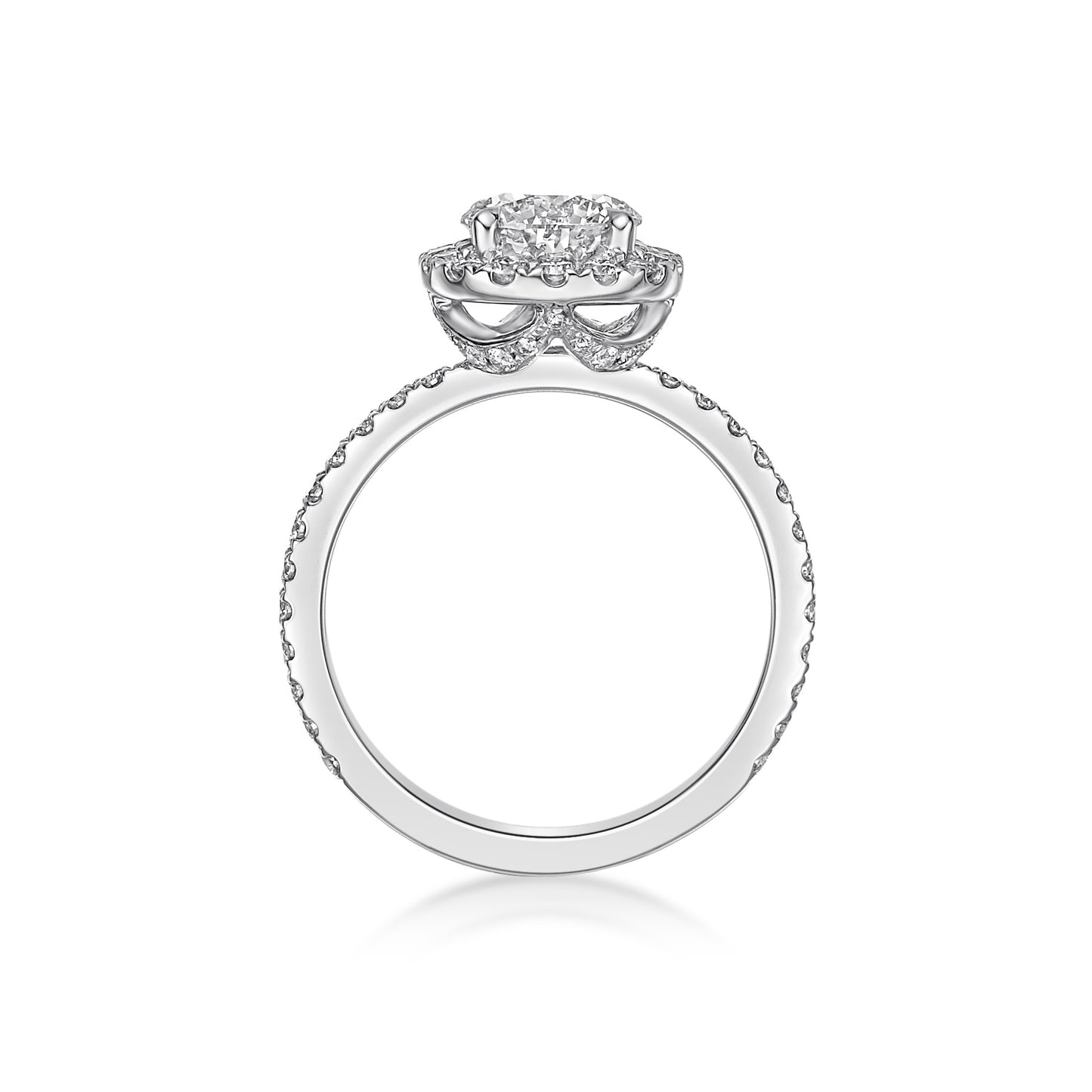 1.01ct Round Brilliant diamond with a Platinum Cushion Diamond Halo Engagement ring setting and custom basket detailing