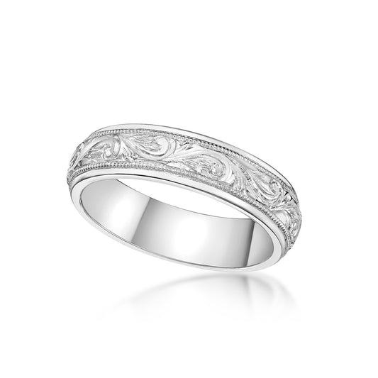 Men's Wedding Band- Vintage style 5.5mm width band with custom engraving and hand-milgrain detailing