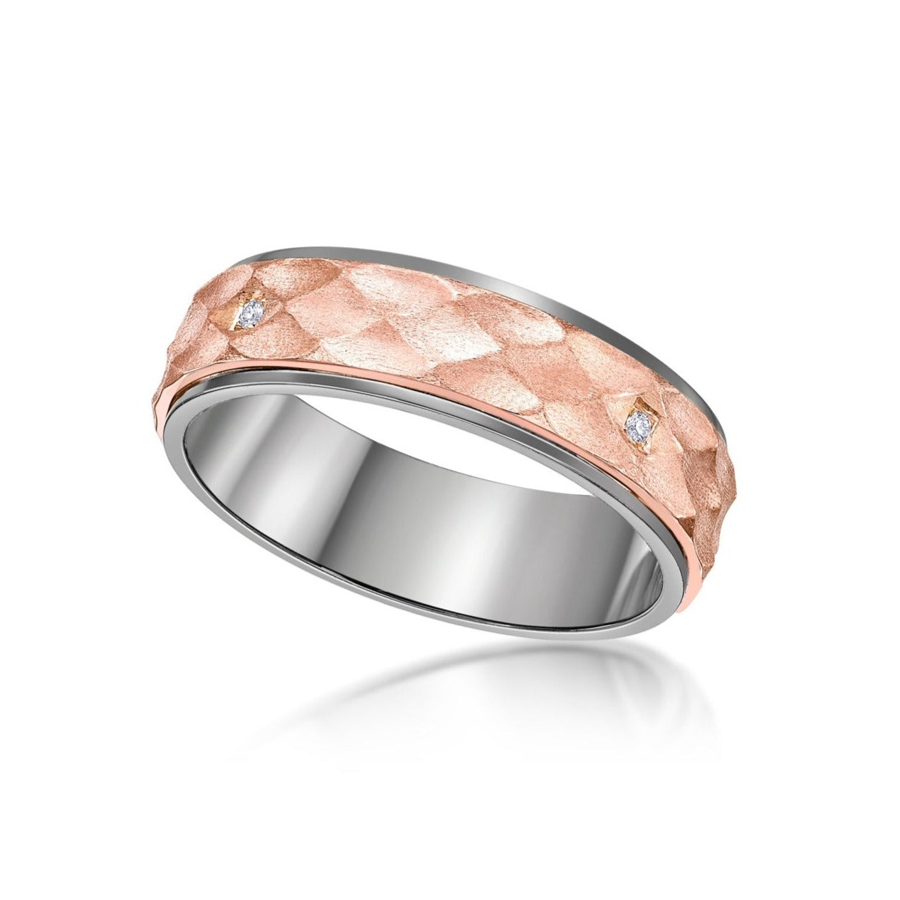 Men's Wedding Band- Mixed Metal Ring using 18K White & Rose Gold, textured inner strip set with round brilliant diamonds at North-East-South-West position, and 18K White Gold polished edges with black rhodium finish