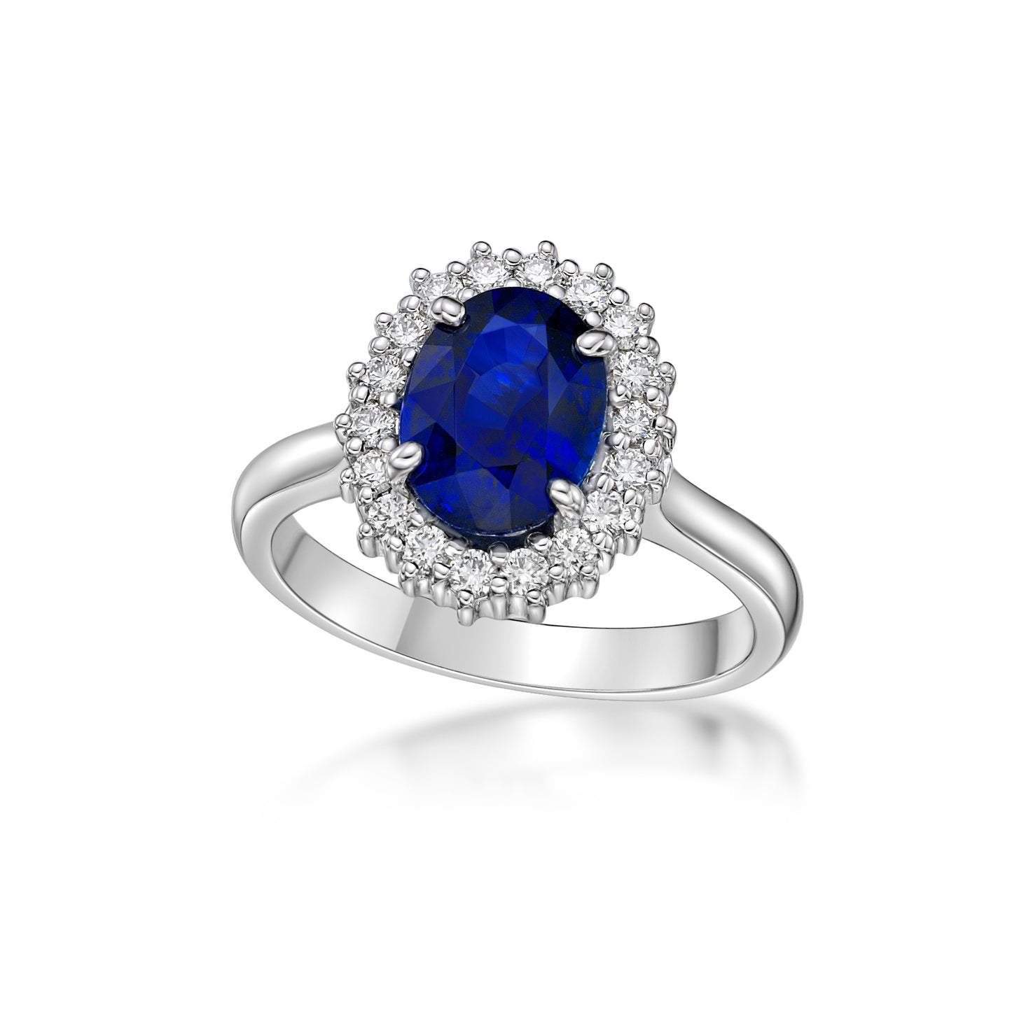 2.04ct Oval Sri-Lankan Blue Sapphire Ring in an 18K White Gold Floral Diamond Halo of round brilliant diamonds