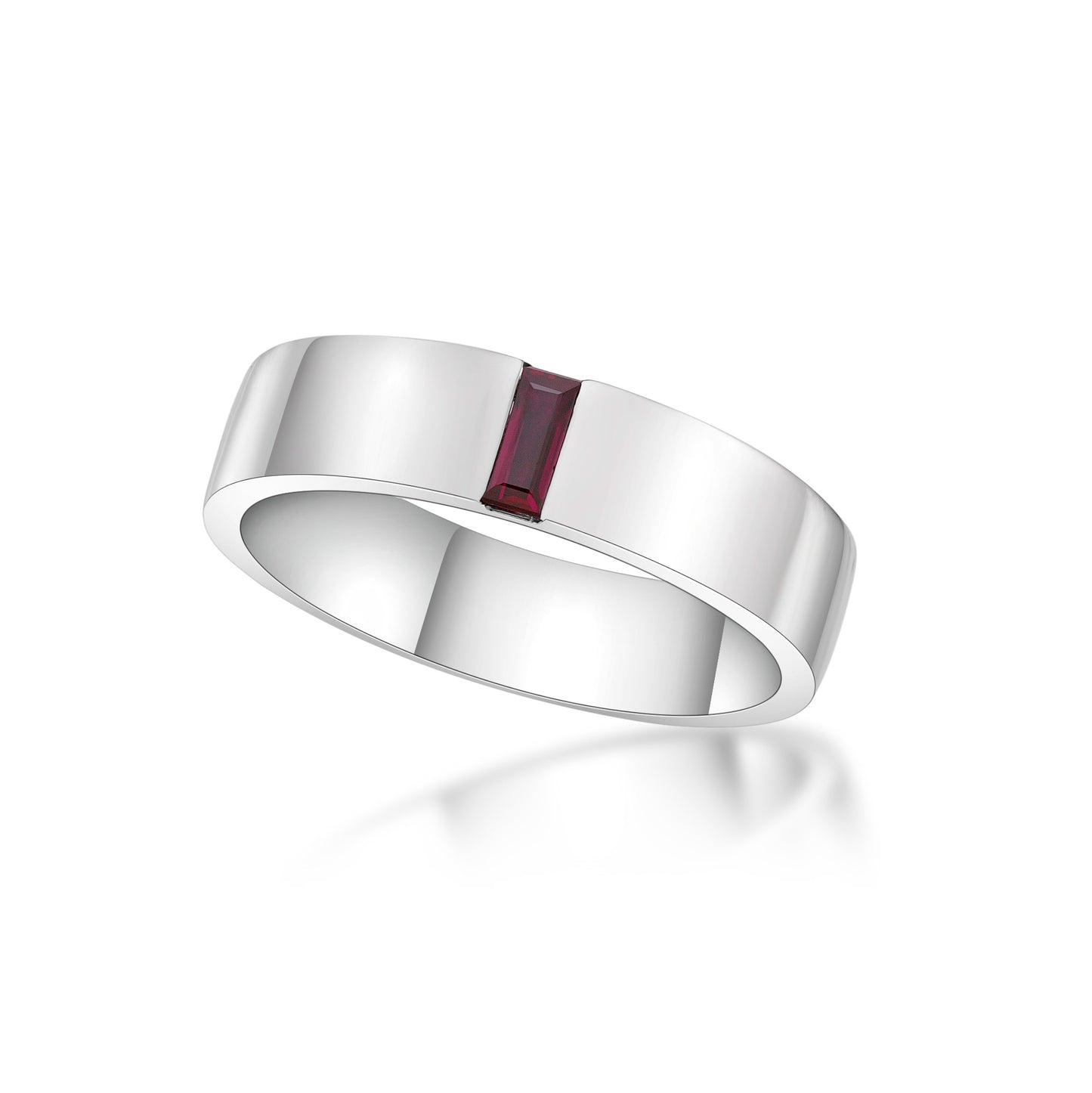 Men's Wedding Band- 18k White Gold 5mm Flat Band with Red Ruby Baguette