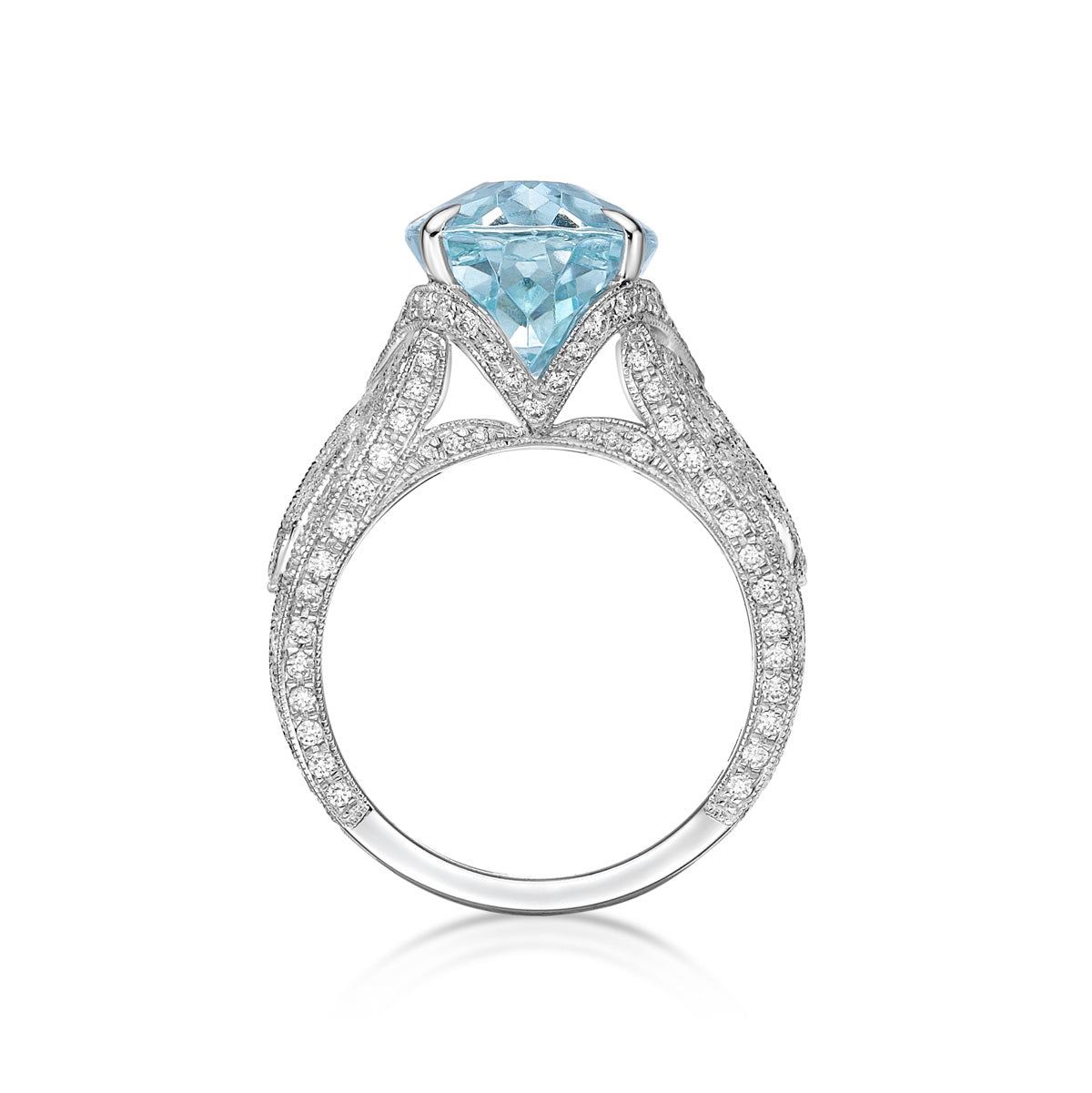 7.85ct Elongated Oval Aquamarine in a bespoke handmade Vintage-style 18K white gold cocktail ring setting with hand-milgrain detailing