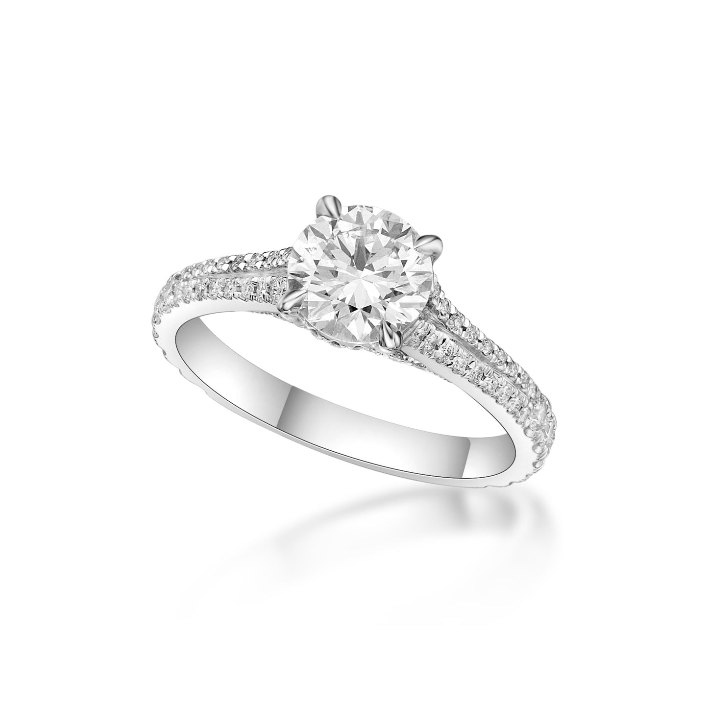 1.01ct Round Brilliant diamond in an 18K White Gold engagement ring setting with Split Shank Band4-claw setting with split-shank diamond eternity band