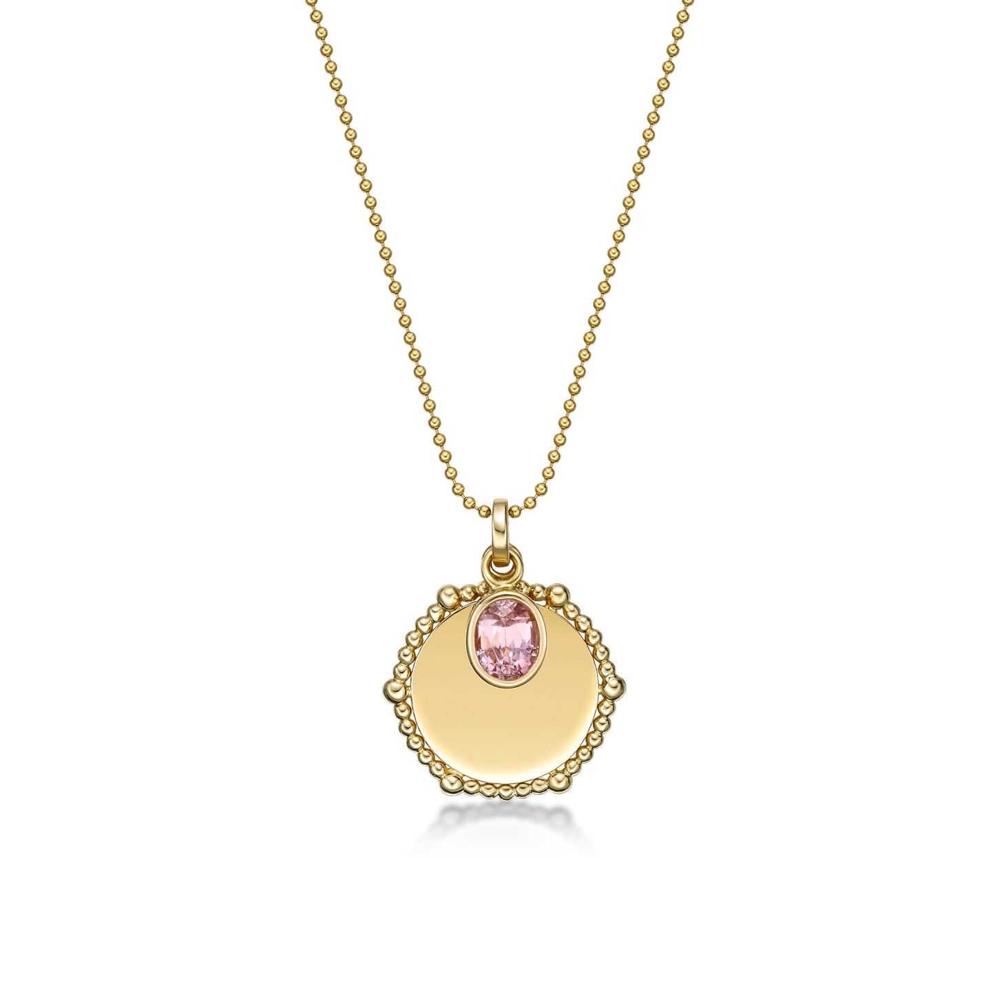 18K Yellow Gold Disc Pendant with custom engraving and a bezel set Oval Pink Padparadscha Sapphire