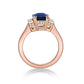 3.11ct Emerald Cut Sri-Lankan Blue Sapphire in a handmade 18K Rose Gold 3-stone engagement ring setting with straight baguette diamond side stones
