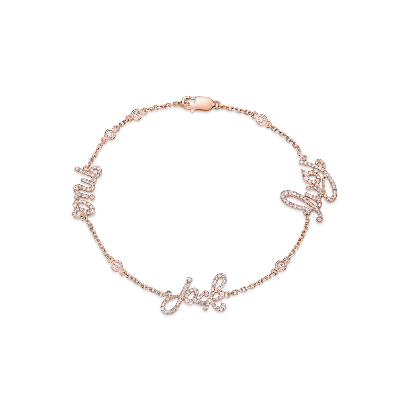 Custom name bracelet with pave-set diamonds in a handmade 18K Rose Gold setting