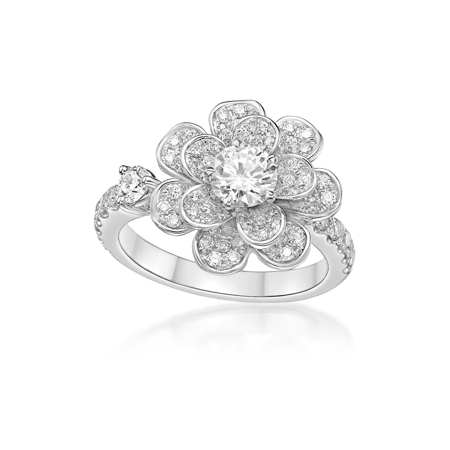 Pave Floral Diamond ring with 50pt Round Brilliant diamond and offset band