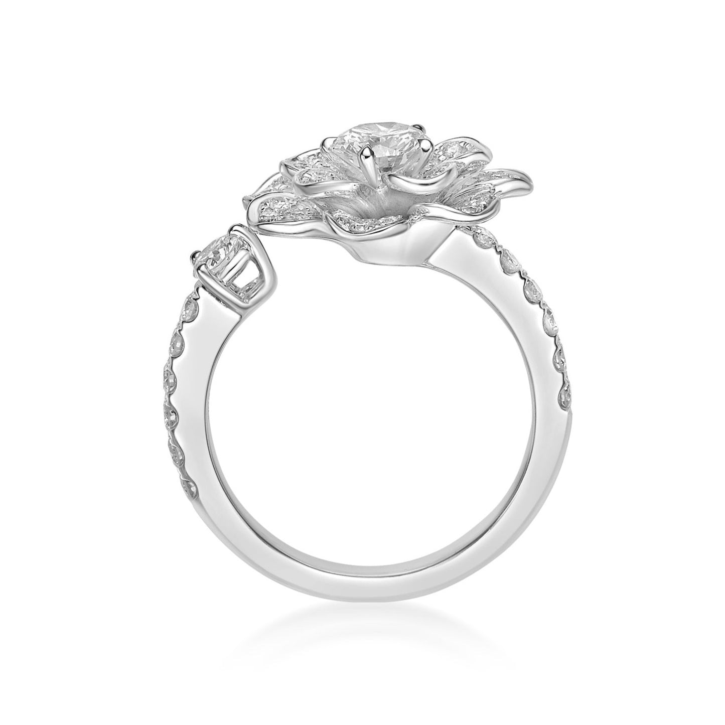 Pave Floral Diamond ring with 50pt Round Brilliant diamond and offset band