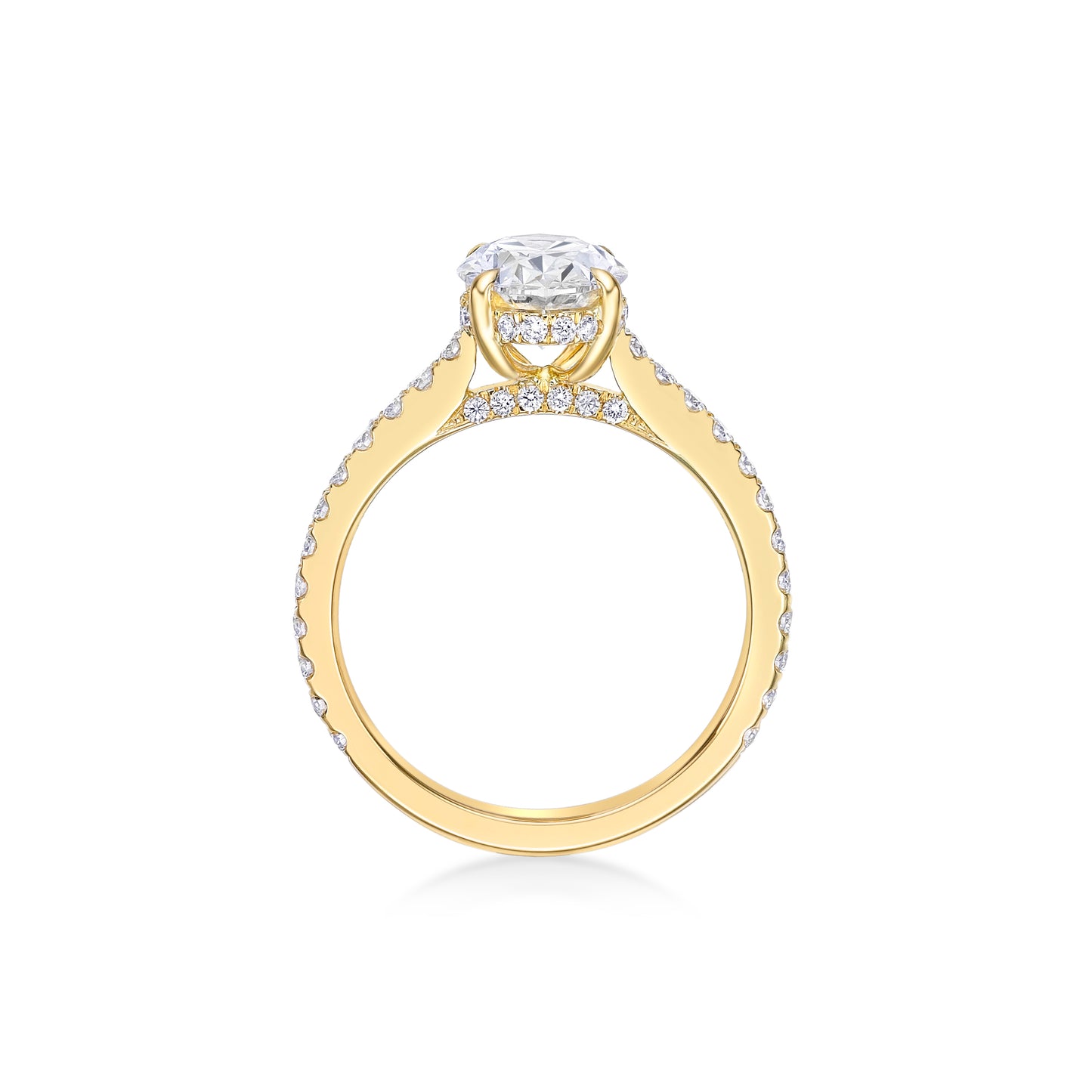 1.85ct Oval Brilliant diamond in a handmade 18K Yellow Gold engagement ring setting with Hidden Halo and diamond eternity band