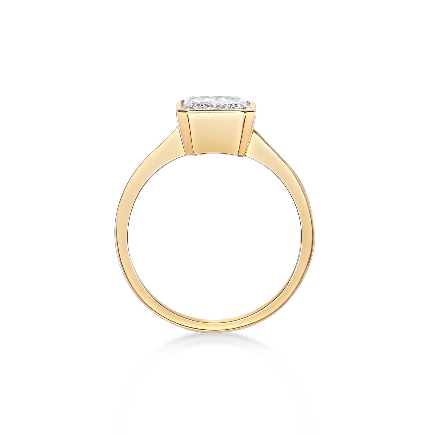 2.17ct Radiant Cut Diamond in a handmade 18K Yellow Gold Bezel Solitaire Setting