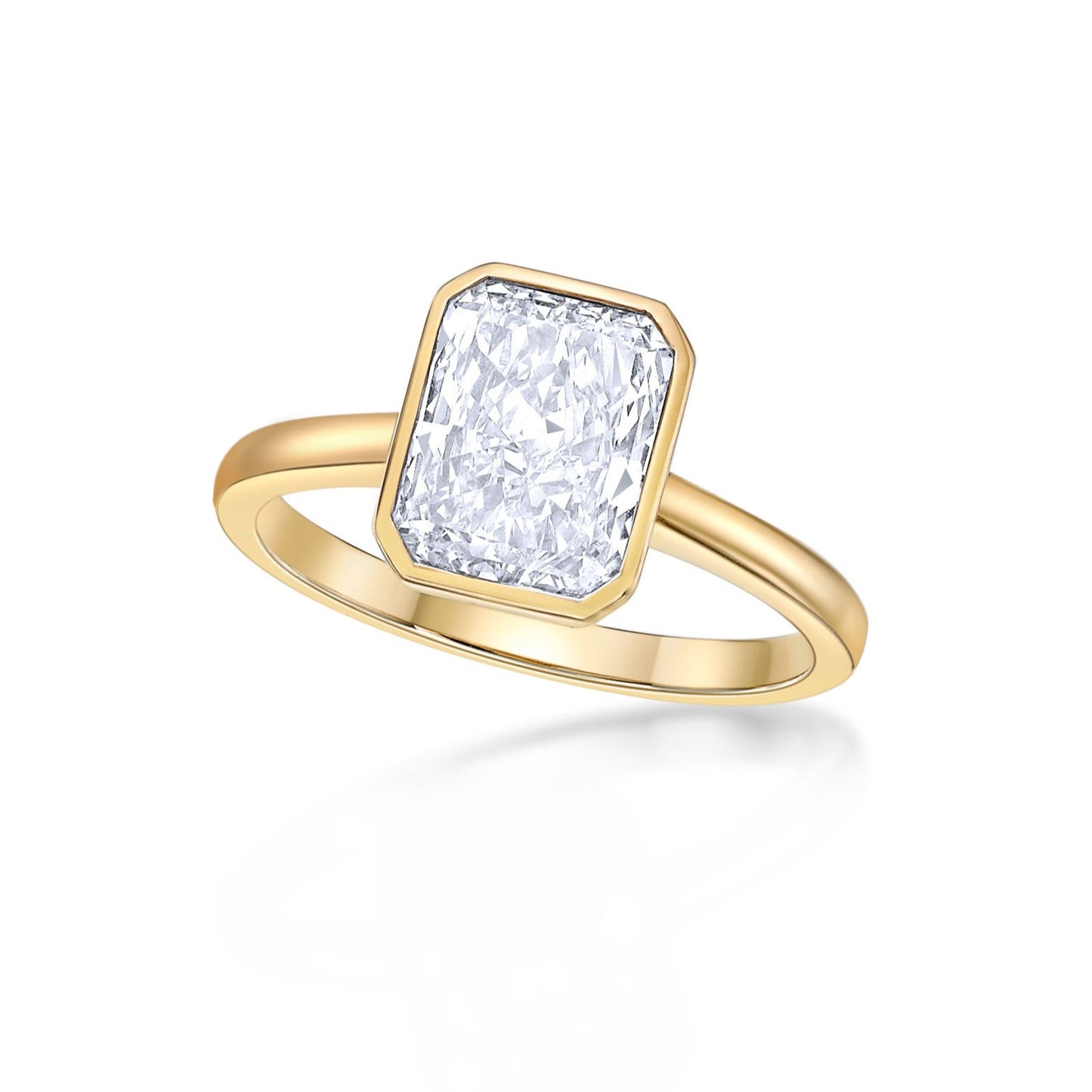 2.21ct Radiant cut diamond in a contemporary 18K Yellow Gold Bezel Solitaire setting