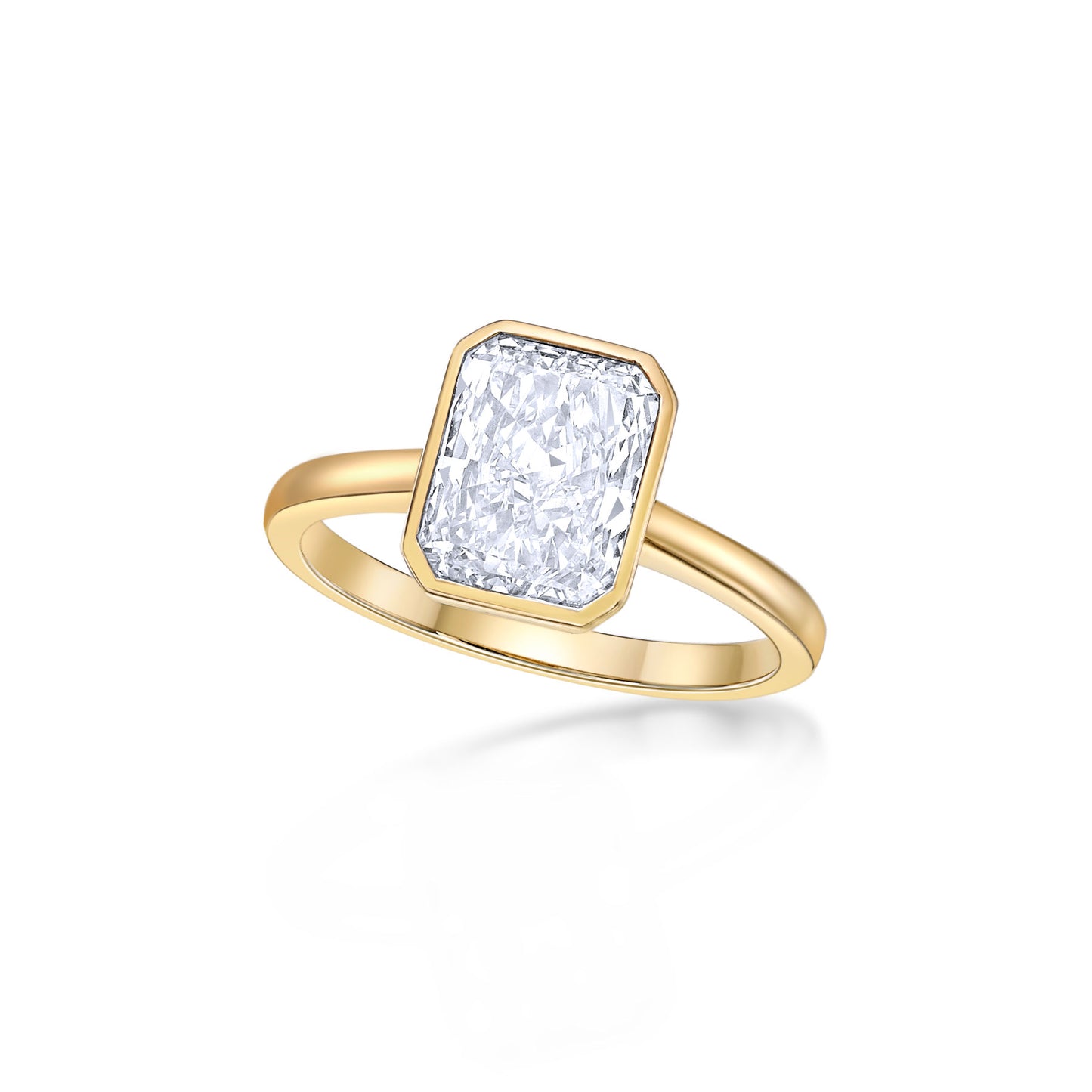 2.17ct Radiant Cut Diamond in a handmade 18K Yellow Gold Bezel Solitaire Setting