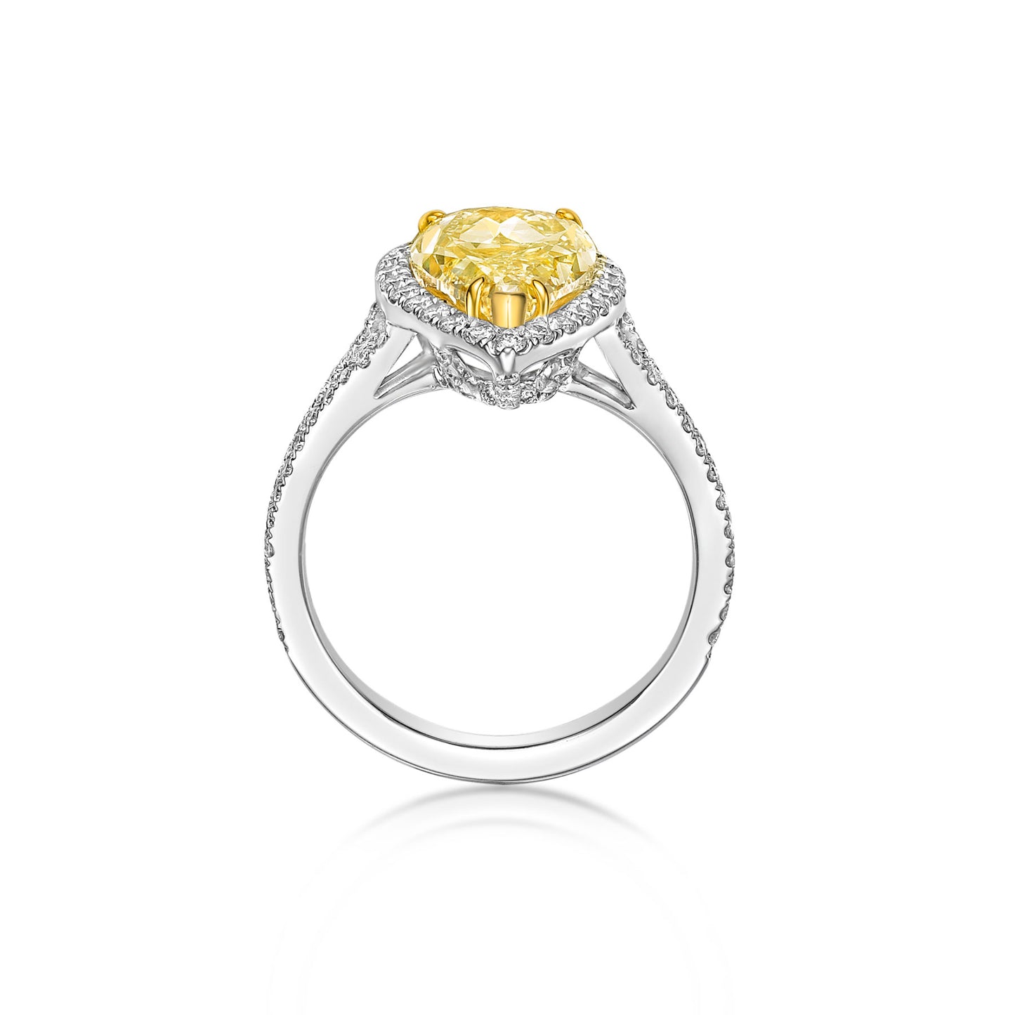 3ct Fancy-Intense Yellow Natural Diamond in an 18K White Gold Diamond Halo Engagement ring setting with custom basket detailing