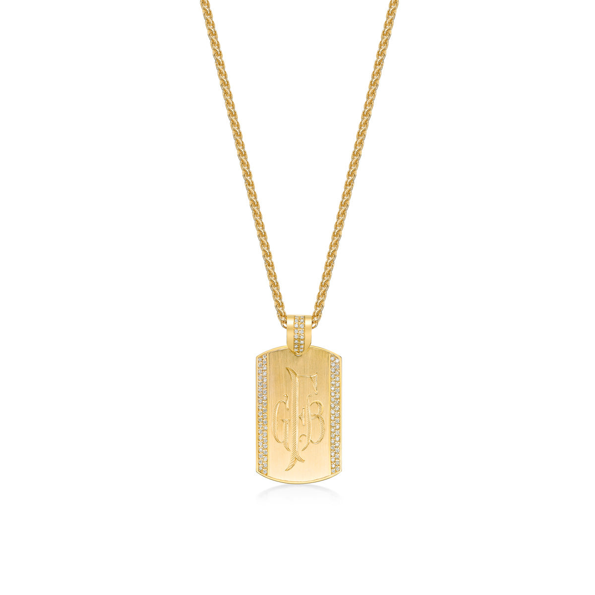 Hand-engraved 18K Yellow Gold Men's Tag Pendant with Pave Diamond Edges on a 21 inch wheat chain