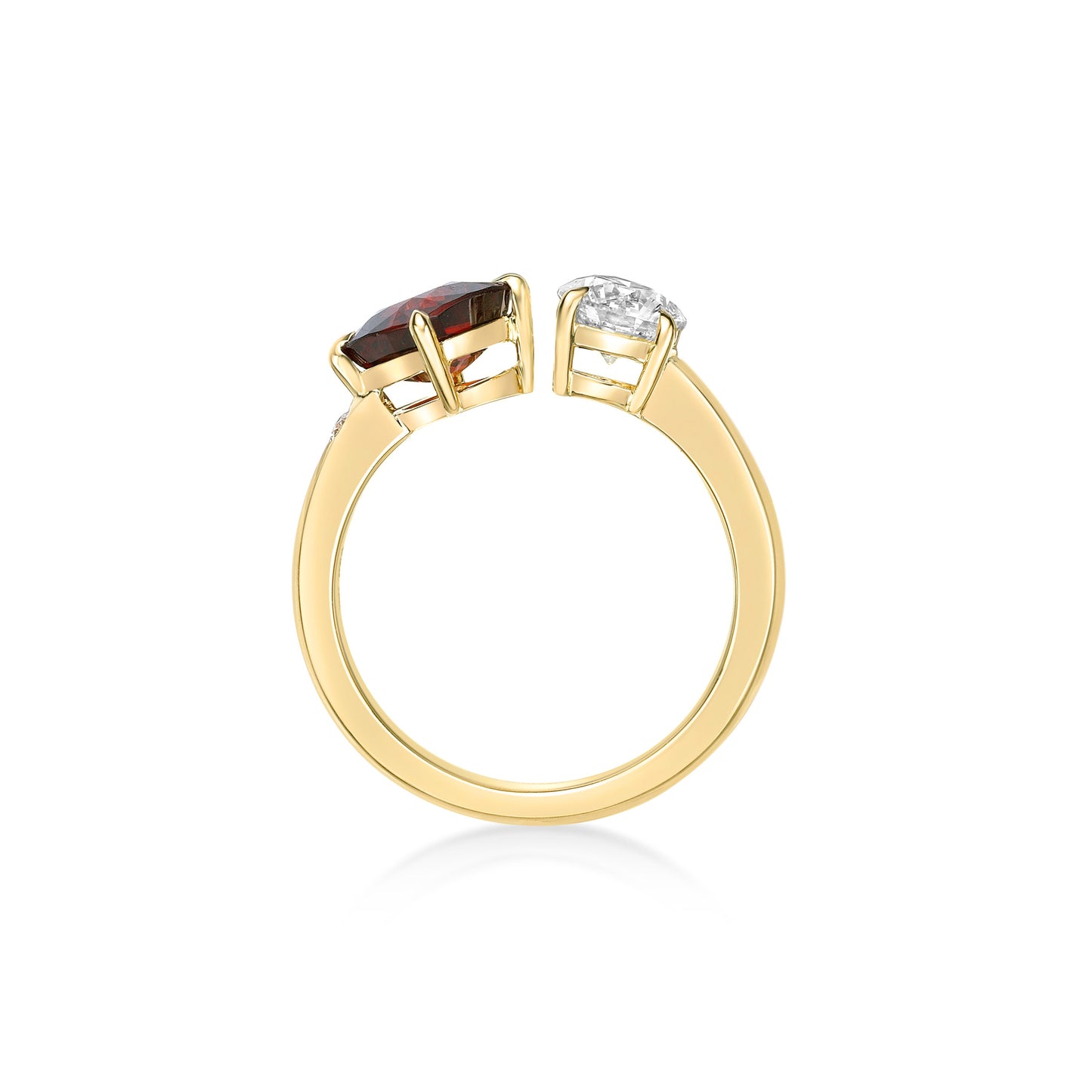 Bespoke handmade 18K Yellow Gold mixed-shape two stone Ring with a Round Brilliant diamond and Cushion Red Garnet