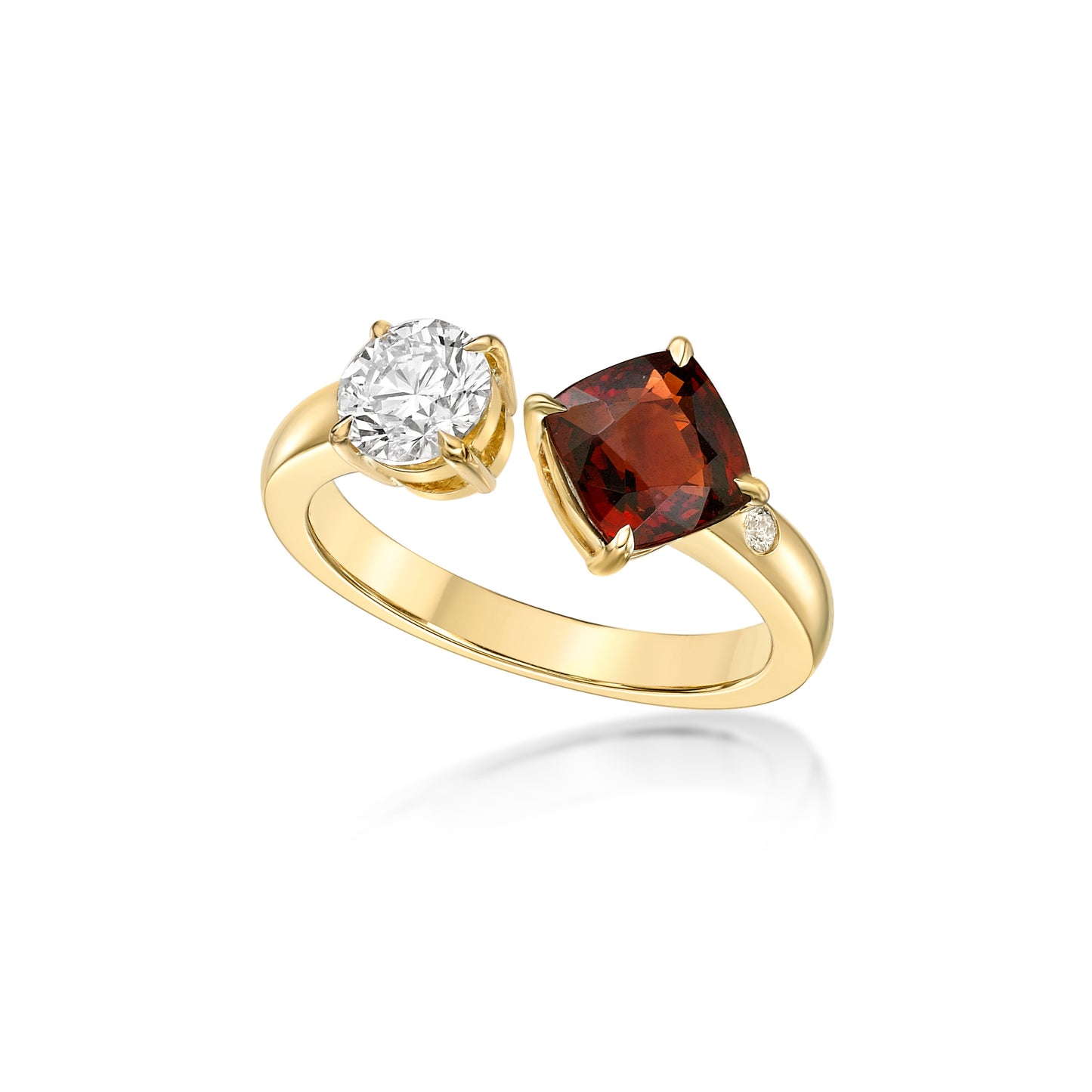 Bespoke handmade 18K Yellow Gold mixed-shape two stone Ring with a Round Brilliant diamond and Cushion Red Garnet