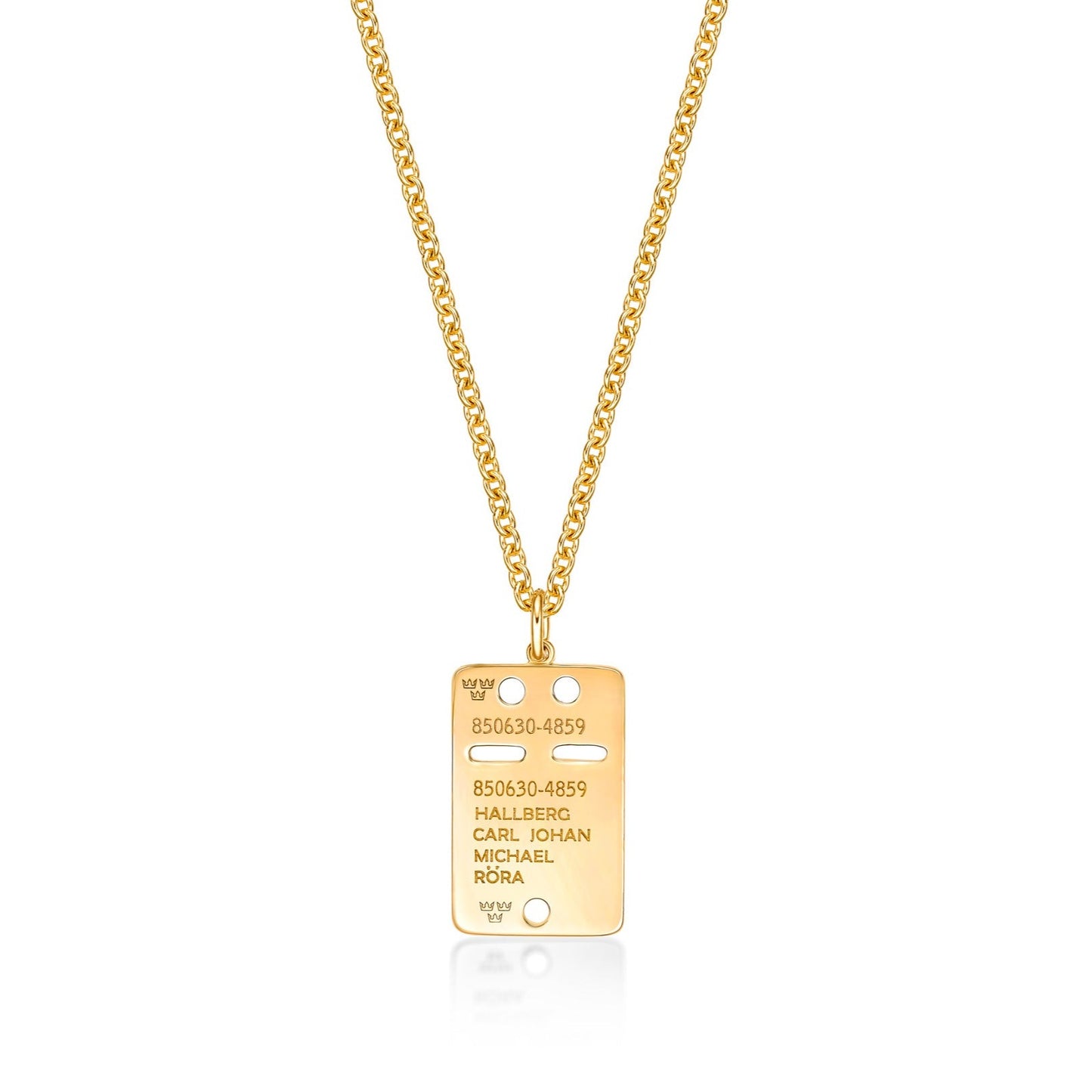 18K Yellow Gold Men's Tag and Raffle Pendant with custom engraving on a 25 inch chain