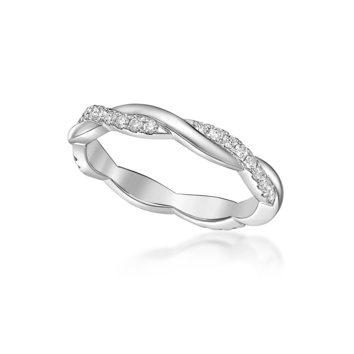 Handmade 18K White Gold Twisted Eternity Band with polished and diamond threads